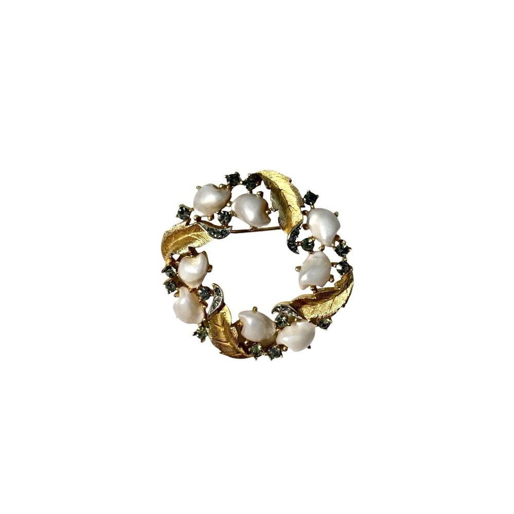 Vintage Crown Trifari Gold Tone 'Baby Tooth' Faux Pearl Rhinestone Brooch Pin